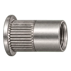 Blindnittemøtrik rustfri A4 M12×23 mm – fladt hoved, riflet skaft – karton med 250 stk.