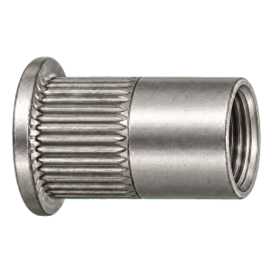 Blindnittemøtrik rustfri A4 M10×22 mm – fladt hoved, riflet skaft – karton med 250 stk.