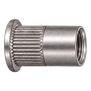 Blindnittemøtrik rustfri A4 M6×14,5 mm – fladt hoved, riflet skaft – karton à 250 stk.