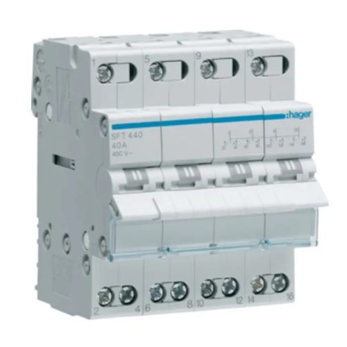 Modulær installationsafbryder I-0-II (1-0-2) fælles punkt fra oven 4P 40A 400VAC SFT440 HAGER GPV-401-68