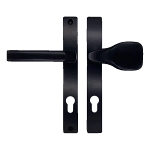 Sort dørhåndtag med plade PZ 90 mm – H240 × L30 mm