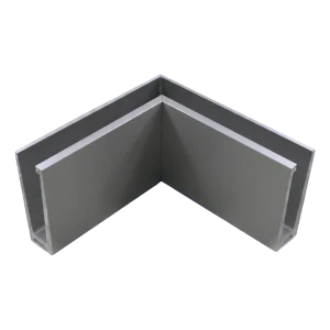 Aluminium indvendigt hjørneprofil til helt glasede gelændere 200×120×45 mm – montage oppefra, satineret